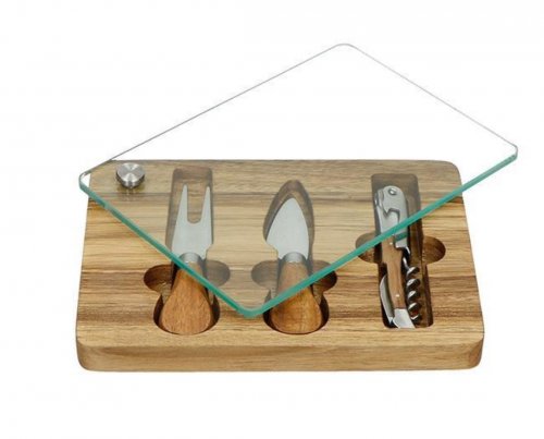 SET DEGUSTAZIONE ACACIA C/TAGLIERE VETRO