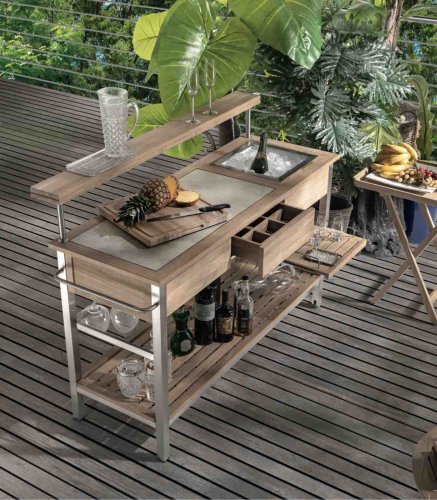 QUADRO CARRELLO BAR IN ACCIAIO INOX E TEAK, CON RUOTE E PIANO RIALZATO